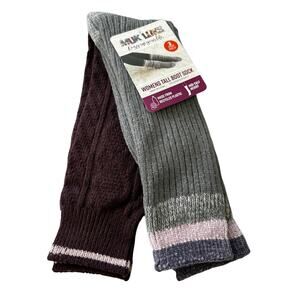 MUK LUK (2) pair WomanTall Boot Socks Shoe Sz 6-11 New Gift Cable Knit Stripes